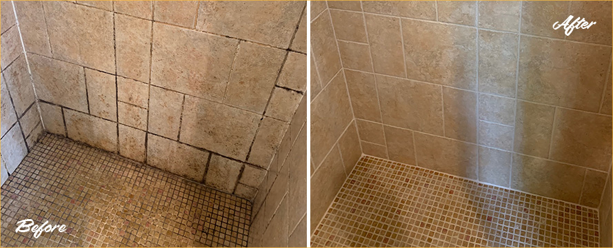 Shower Before and After a Remarkable Grout Cleaning in Fort Myers, FL