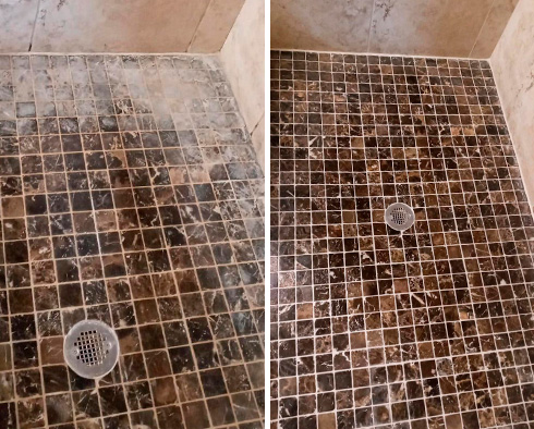 Shower Floor Before and After a Service from Our Tile and Grout Cleaners in Fort Myers