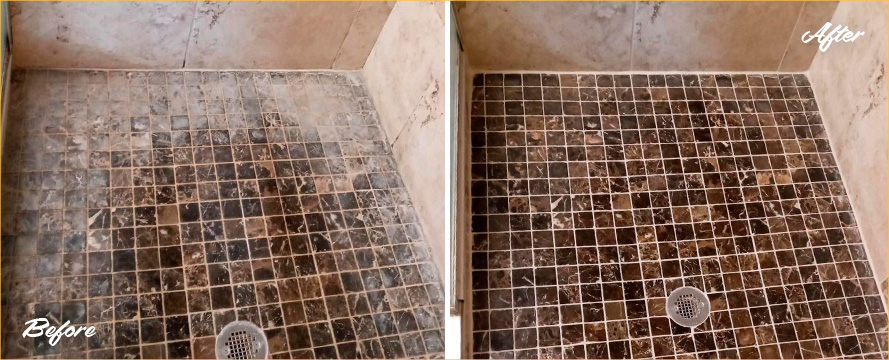 Shower Floor Before and After a Service from Our Tile and Grout Cleaners in Fort Myers