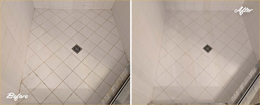 Shower Floor Before and After a Grout Cleaning in Naples