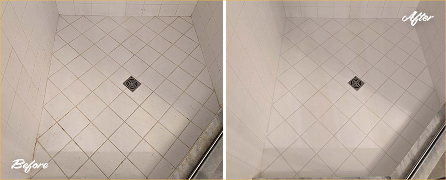 Shower Floor Before and After a Grout Cleaning in Naples