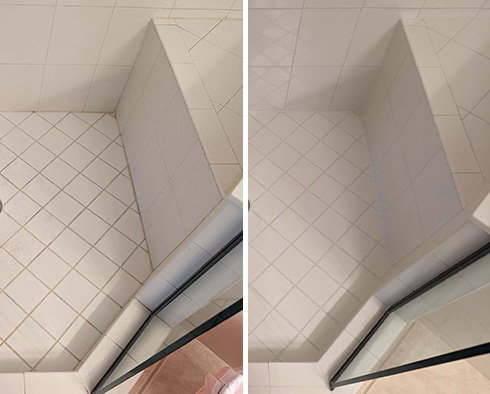 Shower Floor and Seams Before and After a Tile Cleaning in Estero