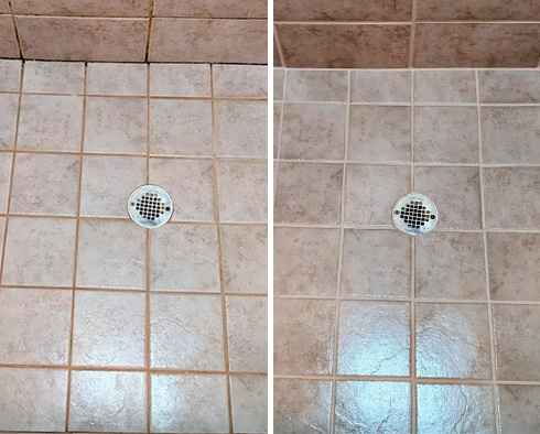 Shower Floor Before and After a Grout Sealing in Estero