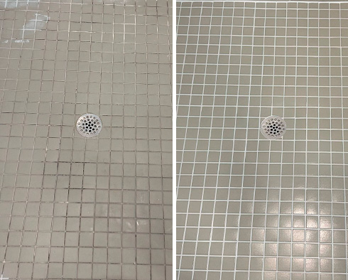 Shower Floor Before and After a Grout Recoloring in Punta Gorda