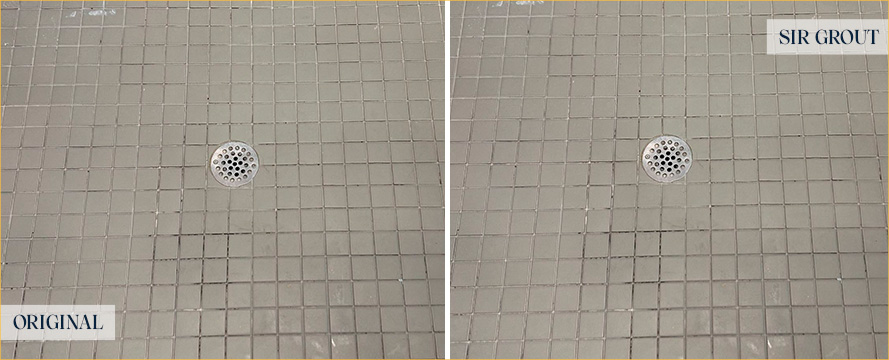 Shower Floor Before and After a Grout Recoloring in Punta Gorda