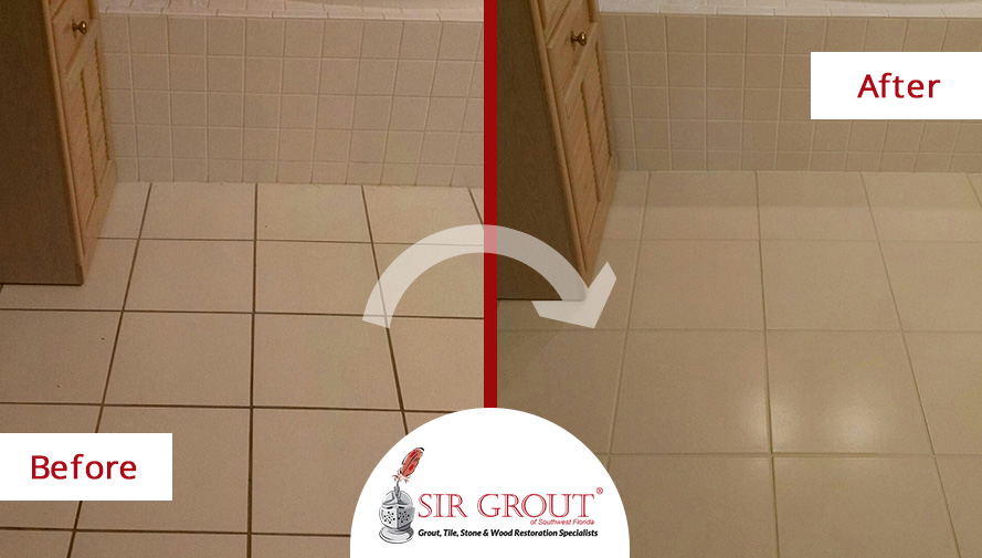 Image of a Tile Floor Before and After a Grout Sealing in Fort Myers, Florida