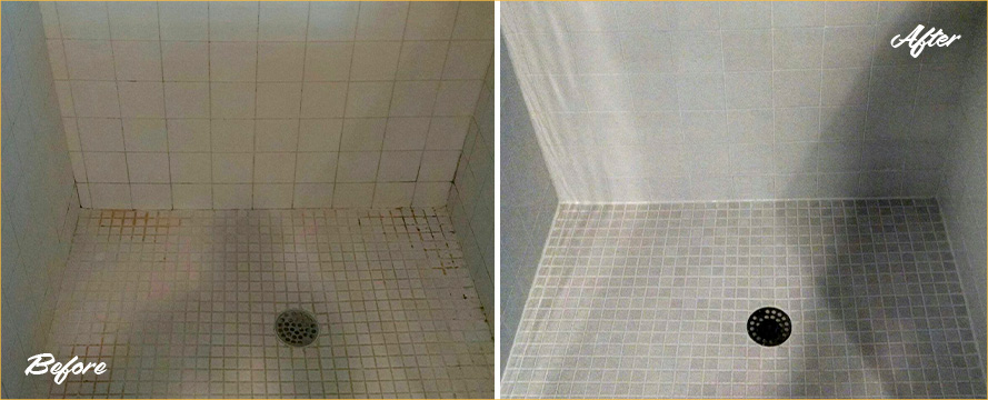 Image of a Shower Before and After a Tile Cleaning in Fort Myers, Florida