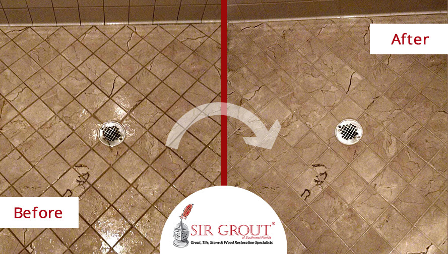 Before & After Picture of a Shower Grout Recoloring Service in Punta Gorda, Florida