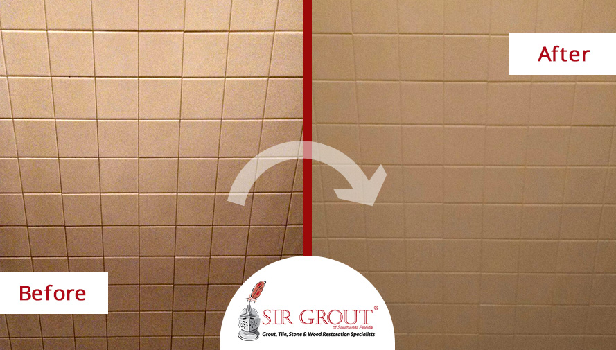 Before & After Picture of a Shower Wall Grout Recoloring Service in Punta Gorda, FL