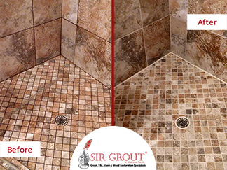 Before and After Picture of a Grout Sealing Service in Fort Myers, Florida