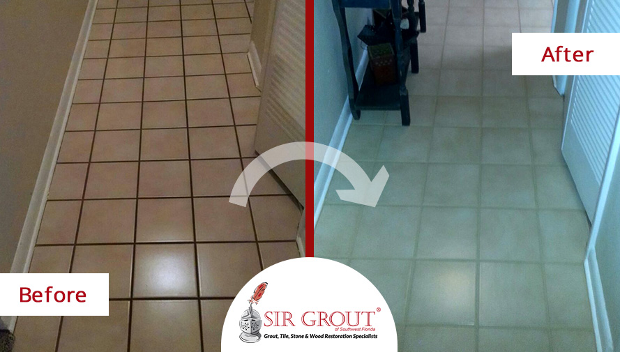 Before and After Picture of a Grout Recoloring Service in Cape Coral, FL