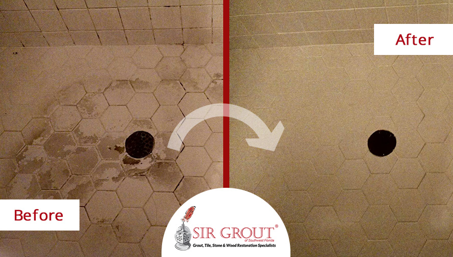 Before and After Picture of a Tile and Grout Cleaning in Fort Myers, Florida