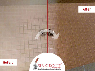 Before and After Picture of a Stained Tile Shower Floor in Bonita Springs, Florida