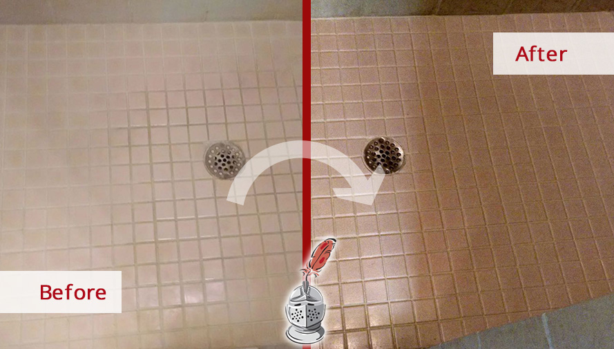 Before and After Picture of a Stained Tile Shower Floor in Bonita Springs, Florida
