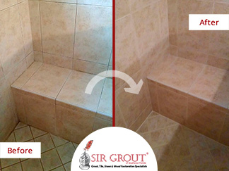 Before and after of This Bathroom Completely Overhauled with a Sealing Grout Job in Naples, Florida