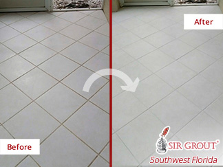 Before and after of a Grout Cleaning Job in Naples, Fl This Dirty Floor Was Fully Restored in Just One Day