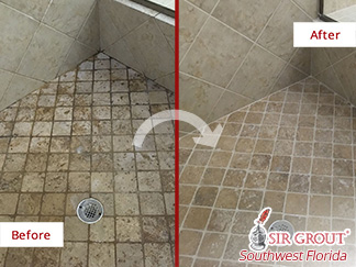 Before and after Picture of This Grout Cleaning Job Done in Naples, FL, This Shower Is Now Free from Soap Scum