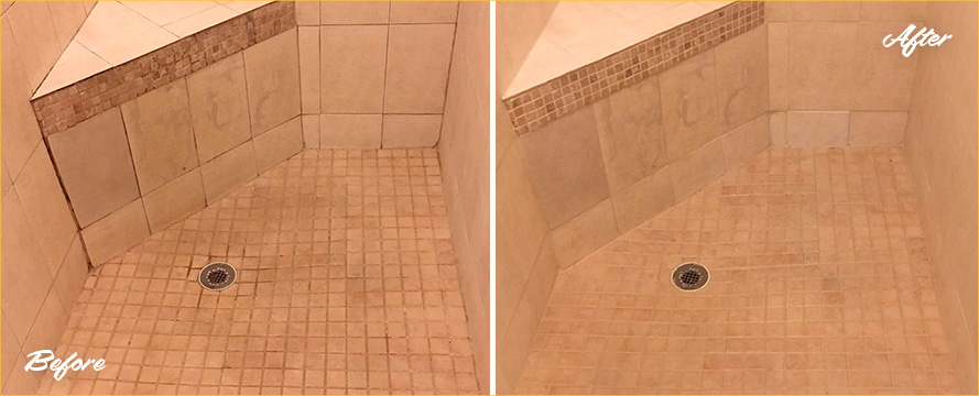 Before and after Picture of This Shower's Grout Cleaning Job Done in Fort Myers, Florida