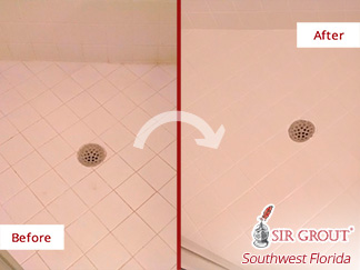 Before and after Picture of How Our Bonita Springs Grout Cleaning Team Helped to Recover This Shower from Damage of Common Cleaners