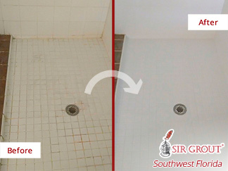Before and after Picture of How Our Team of Tile and Grout Cleaners Renewed This Shower in Fort Myers, Florida