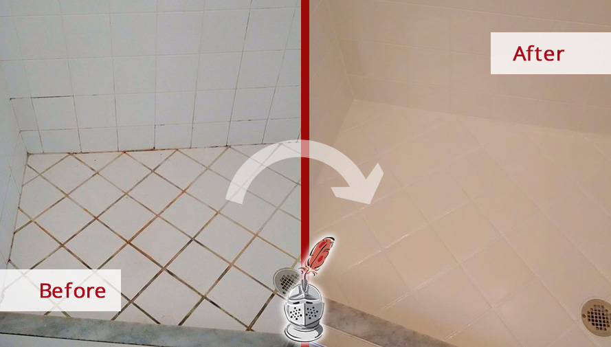 Before and after Picture of A Grout Cleaning Job in Naples, Florida, Leaving This Master Shower Shining