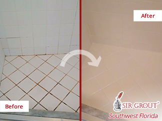 Before and after Picture of a Grout Cleaning Job in Naples, Florida, Leaving This Master Shower Shining