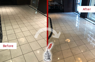 Sir Grout SW Florida Stone Services Help Maintain, Clean, and Polish Building Lobbies and Commercial Offices Stone Surfaces Picture of a Building Marble Entrance Floor Before and After Stone Restoration, Cleaning and Polishing