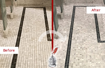 Sir Grout SW Florida Stone Cleaning Services Can Help Repair the Look of this Grimy Hospital's Restroom Before and After Picture of a Hospital Travertine Bathroom Floor Stone Cleaning Service