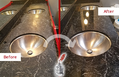 Sir Grout SW Florida Stone Services Are Ideal for Enhancing Restrooms Marble Countertops and Keep Them Perfect All Year Round Picture of an Office Restroom's Marble Countertop Before and After Color Enhancement and Restoration