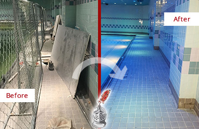 Sir Grout SW Florida Cleans and Seals this Gym Tile Pool Deck to Repair Damage Before and After Picture of a Gym Tile Pool Deck Cleaned and Sealed to Repair Damage