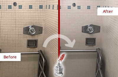 Before and After Picture of a Grimy Hospital Shower Restored, Cleaned and Sealed to Remove Mold and Dirt