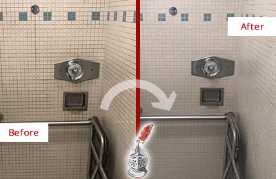 Sir Grout SW Florida Restores, Cleans and Seals this Grimy Hospital Shower to Remove Mold and Dirt Before and After Picture of a Grimy Hospital Shower Restored, Cleaned and Sealed to Remove Mold and Dirt