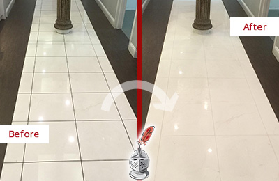 Sir Grout SW Florida Restores, Cleans and Seals this Medical Center Floor to Remove Stains Before and After Picture of a Medical Center Floor Restored, Cleaned and Sealed to Remove Stains