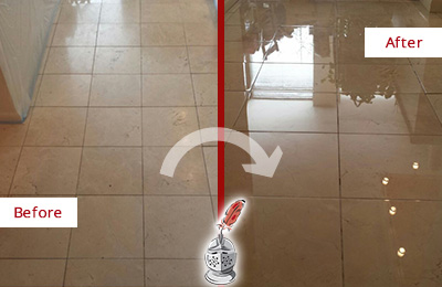 Sir Grout Hones and Polishes this Dull Hallway Marble Floor to a Glossy Shine Before and After Picture of a Dull Hallway Marble Floor Honed and Polished to a Glossy Shine