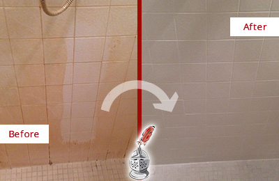 Before and After Picture of a Tile Shower with Dirty Walls and Grout