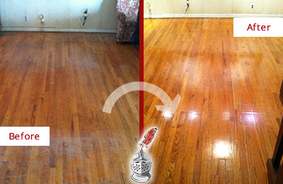 Before and After Picture of a Deep Cleaning Service on a Wood Floor