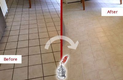 Before and After Picture of a Pelican Bay Kitchen Tile and Grout Cleaned to Remove Embedded Dirt