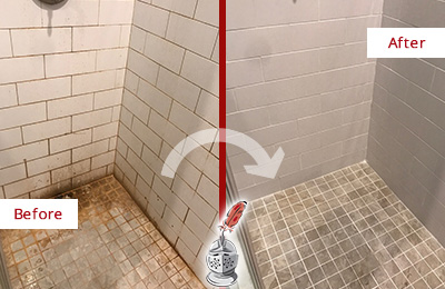 Before and After Picture of a Rotonda Shower Tile and Grout Cleaned to Eliminate Mold and Stains