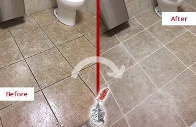 Sir Grout Cleans this Pelican Bay Restroom Tile and Grout to Remove Soil Before and After Picture of a Pelican Bay Restroom Tile and Grout Cleaned to Remove Soil
