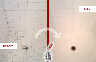 Sir Grout Caulks this Cleveland Bathroom Re-Caulked To Repair Damaged Caulking Before and After Picture of a Cleveland Bathroom Re-Caulked To Repair Damaged Caulking