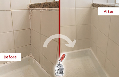 Sir Grout Caulks this Cleveland Shower Caulked to Repair Damaged Caulking Before and After Picture of a Cleveland Shower Caulked to Repair Damaged Caulking