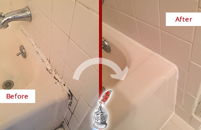 Before and After Picture of a Pine Manor Bathroom Sink Caulked to Fix a DIY Proyect Gone Wrong