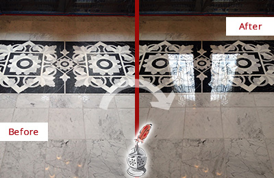 Sir Grout Polishes this Cleveland Marble Stone Floor to a Mirror Shine Before and After Picture of a Cleveland Marble Stone Floor Polished to a Mirror Shine