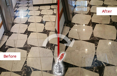 Sir Grout Polishes this Dull Cleveland Marble Stone Floor To Recover Its Luster Before and After Picture of a Dull Cleveland Marble Stone Floor Polished To Recover Its Luster