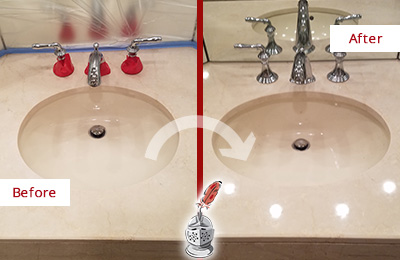 Sir Grout Polishes this Dull Cleveland Marble Stone Vanity Top to Bring-Back Its Sheen Before and After Picture of a Dull Cleveland Marble Stone Vanity Top Polished to Bring-Back Its Sheen