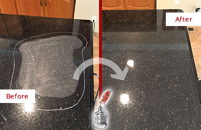 Before and After Picture of a Pine Manor Granite Stone Countertop Polished to Remove Scratches