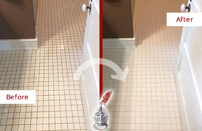 Before and After Picture of a Estero Bathroom Floor Sealed to Protect Against Liquids and Foot Traffic