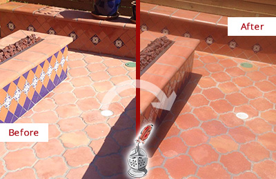 Sir Grout Seals this Dull Rotonda Terracotta Patio Floor For UV Protection Before and After Picture of a Dull Rotonda Terracotta Patio Floor Sealed For UV Protection