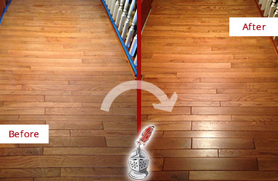 Sir Grout Restored This Dull Charlotte Park Hallway Floor with a Deep Cleaning Service Before and After Picture of a Charlotte Park Wood Deep Cleaning Service on a Dull Hallway