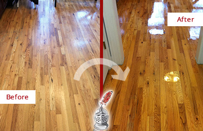 Sir Grout Restored This Worn Out Charlotte Park Hallway Floor with a Deep Cleaning Service Before and After Picture of a Charlotte Park Wood Deep Cleaning Service on a Worn Out Hallway